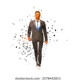 Businessman walking forward, geometric clip art, isolated low poly vector illustration with dispersion effect. Isolated business people