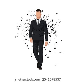 Businessman walking forward, isolated flat design vector illustration with distortion effect, front view