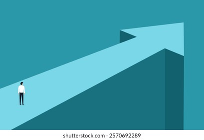 Businessman walking forward towards goal. Man standing on arrow way of opportunities and future career. Hope, job, motivation, future, business concept for banner design