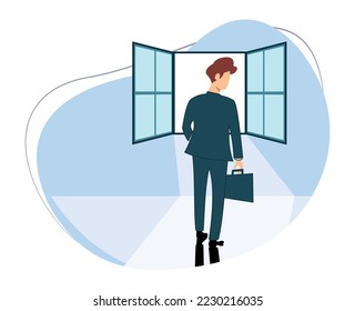 businessman walking in front of open window. the concept of seeking new opportunities. business leader