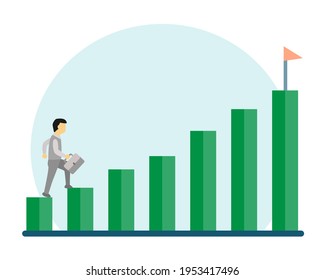 Businessman walking  to get on top of bar chart. Business goal concept