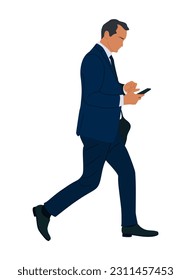 Businessman walking. Handsome business man in formal suit with phone side view. Cartoon male character Vector realistic illustration isolated on white background