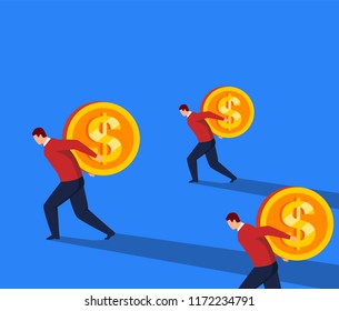 Businessman is walking hard with gold coins