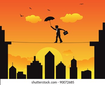 businessman walking a high wire tightrope