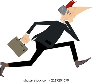 Businessman walking, holding briefcase and talking on the phone illustration.
Cartoon businessman talking on phone holding folder briefcase isolated on white
