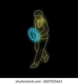 Businessman walking and holding a clock, time management concept, neon style illustration