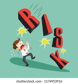 Businessman walking and holding a pile of word risk falling, illustration vector cartoon