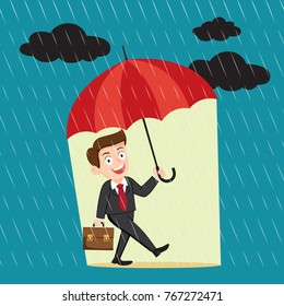 Businessman walking and holding umbrella under storm, illustration vector cartoon