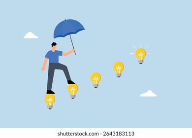 businessman walking with innovative light bulb idea lamp as ladder of success.