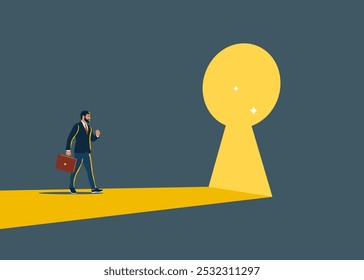 Businessman walking into a keyhole shaped door with light. Concept business opportunity and challenges in the future. Modern vector illustration in flat style