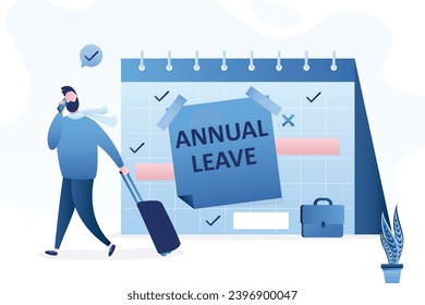 Empresario caminando con equipaje de calendario con nota de vacaciones anual. Vacaciones anuales, vacaciones para descansar y relajarse del trabajo duro, recordatorio de la idea de vacaciones anuales. vector plano