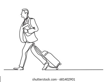 businessman walking with luggage - single line drawing