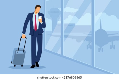 Businessman walking with luggage and using smart phone at the airport, business travel or trip, vector illustration