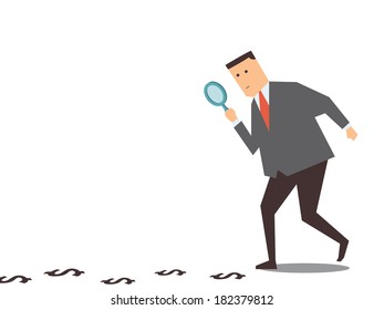 Businessman Walking With Magnifying Glass, Looking For Money Track On The Ground. 