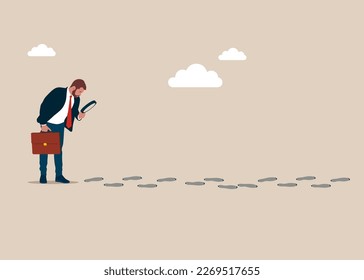 Businessman walking with magnifying glass, looking for foot mark track on the ground. Modern vector illustration in flat style. 