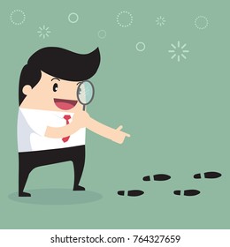 Businessman walking with magnifying glass, looking for foot mark track on the ground.vector