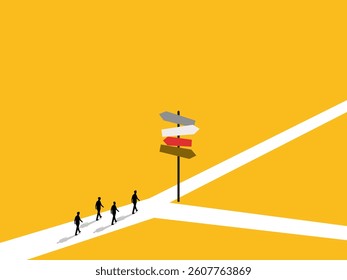 Businessman walking at multiple street signs at intersection