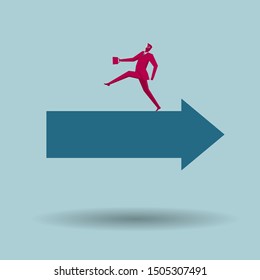 Businessman is walking on the arrow. Isolated on blue background.