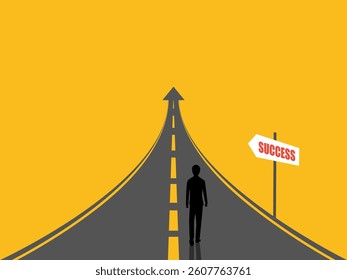 Businessman walking on the arrow path pointing up and success sign
