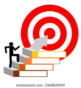 Businessman walking up on arrow shooting toward target sign isolated on white background, Stairs design infographic template with four steps and banner for presentation text, Men on stair to succes