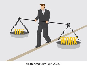 Businessman walking on balance beam and holding balance scales with text Work and Life on each pan. Creative vector illustration for work life balance concept isolated on plain background.