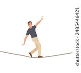 Businessman walking on balancing slackline rope. Flat vector illustration isolated on white background