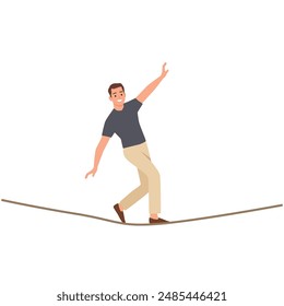 Businessman walking on balancing slackline rope. Flat vector illustration isolated on white background