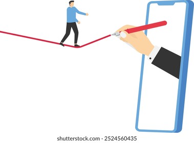 Businessman walking on balancing tight rope as it is being draw with a pencil. Problems solution. Flat vector illustration

