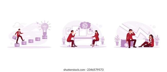 A businessman walking on a beam, a man and a woman sitting together discussing a problem, and a man and a woman who are stressed and have a headache with a hefty bill. 