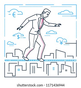 Businessman walking on a cable - line design style illustration on white background. Metaphorical image of a confident manager, employee, ropewalker. Concept of hard work, danger, attention