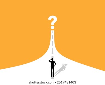 Businessman walking on career road meets question mark