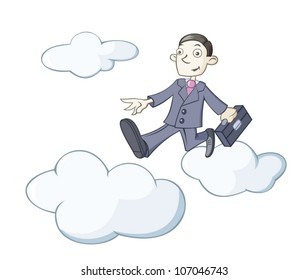 businessman is walking on clouds