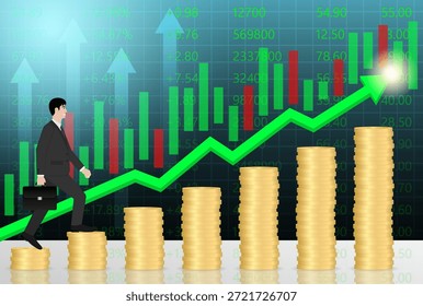 Hombre de negocios caminando sobre la pila de monedas para llegar a la cima del gráfico. Éxito empresarial o concepto de logro de objetivos. Ilustración vectorial.