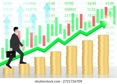 Empresário andando na Pilha de Moedas para alcançar o pico do Gráfico. Sucesso nos negócios ou conceito de realização de metas. Ilustração de vetor.