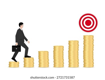 Empresário andando na Pilha de Moedas para obter o Alvo. Sucesso nos negócios ou conceito de realização de metas. Ilustração de vetor.