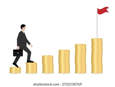 Hombre de negocios caminando en la pila de monedas para obtener la bandera de la victoria. Éxito empresarial o concepto de logro de objetivos. Ilustración vectorial.