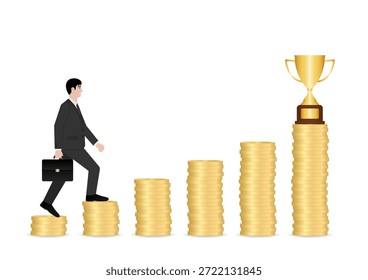 Hombre de negocios caminando en la pila de monedas para obtener Trofeo. Éxito empresarial o concepto de logro de objetivos. Ilustración vectorial.