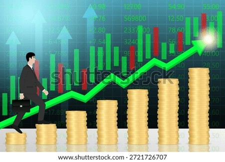 Businessman walking on Coin Stack to reach peak of the Graph. Business Success or Goal Achievement Concept. Vector Illustration.