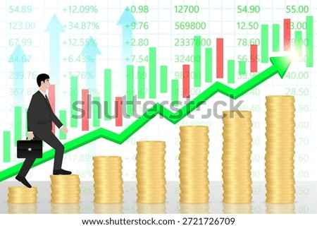 Businessman walking on Coin Stack to reach peak of the Graph. Business Success or Goal Achievement Concept. Vector Illustration.