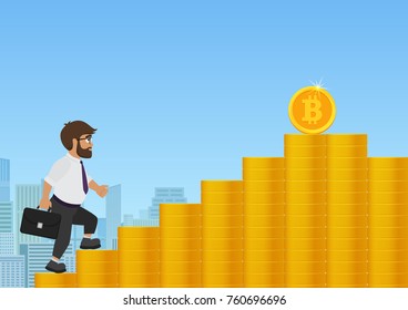 Businessman walking up on golden coin stairs to bitcoin cryptocurrency. Cartoon concept vector illustration.