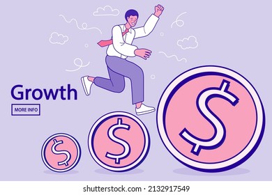Businessman walking on golden dollar. increasing income and bonus in career or success in financial business concept. Growth earning investment. Business success. vector outline illustration