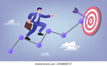 A businessman walking on a graph line toward a circular target with an arrow at the center, symbolizing success, goal achievement, and business growth. Target business concept. Vector, Flat design .