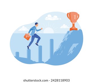 Businessman walking on graph. Reach the trophy at the top of the hill. Illustration Award. Success Business concept. Flat vector illustration.