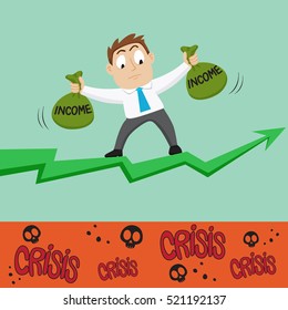 Businessman walking on green arrow cross word crisis, vector illustration cartoon