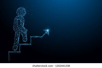 Businessman is walking on Growing bar graph icon form lines, triangles and particle style design. Illustration vector