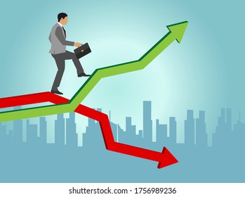 Businessman walking on growing graph. success investment business concept. vector illustration. flat cartoon design.
