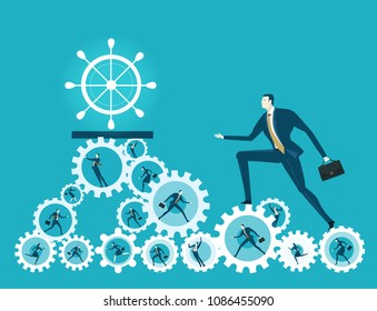 Businessman walking up on the hip of cogs with office workers in it towards ship wheel.