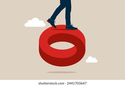 Businessman walking on impossible shape. Overcome impossible, symbol of finding solution, opportunity. Flat vector illustration