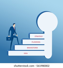 Businessman walking on key stair to success. Stair step to success concept. Cartoon Vector Illustration.