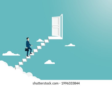 Businessman walking on up to the ladder open the door to success. Leadership and success concept. Business finance. Vision, Achievement, Target, Career. Vector illustration flat